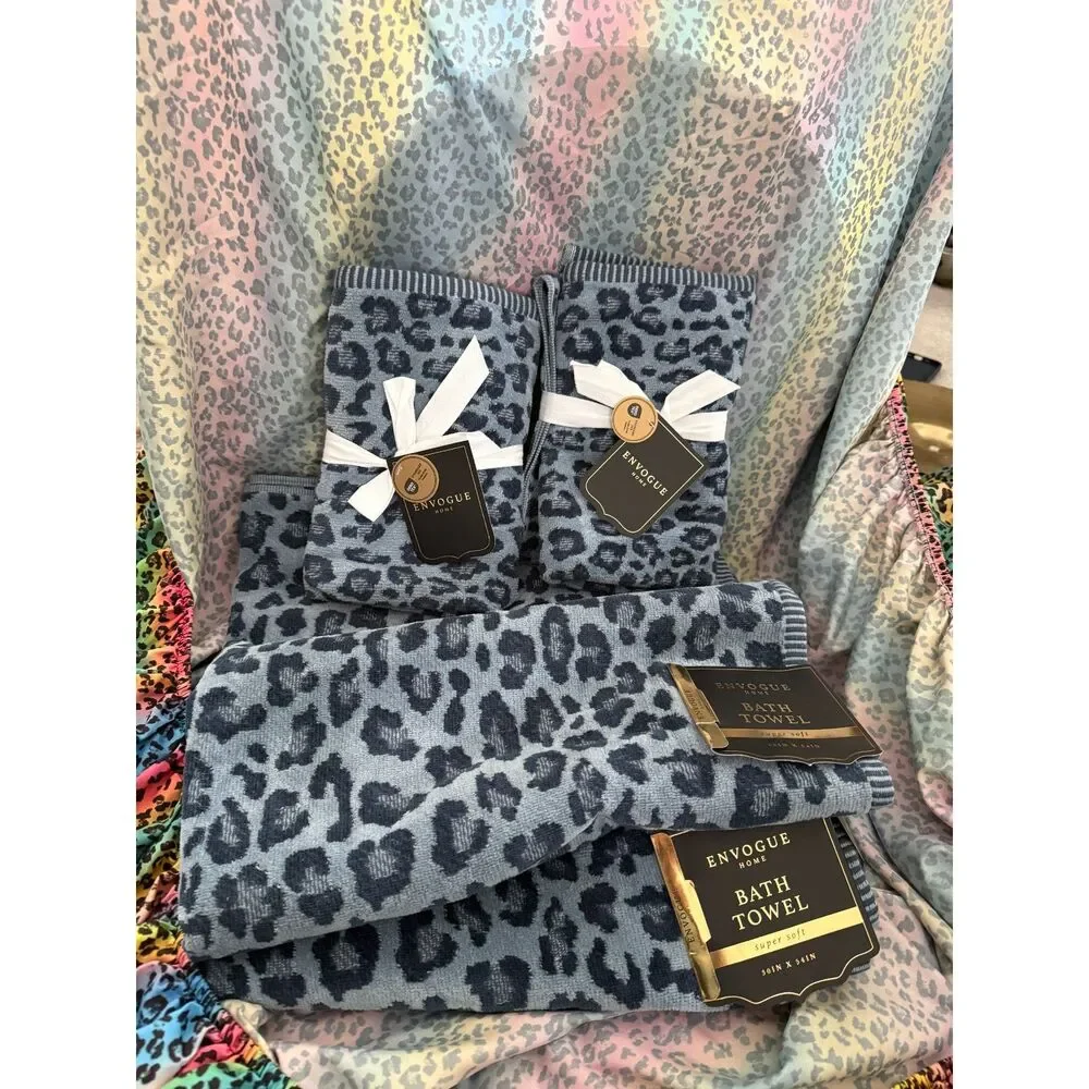 Envogue Home Leopard Print Towel Set Blue100% Cotton Bath Hand Towels reversable